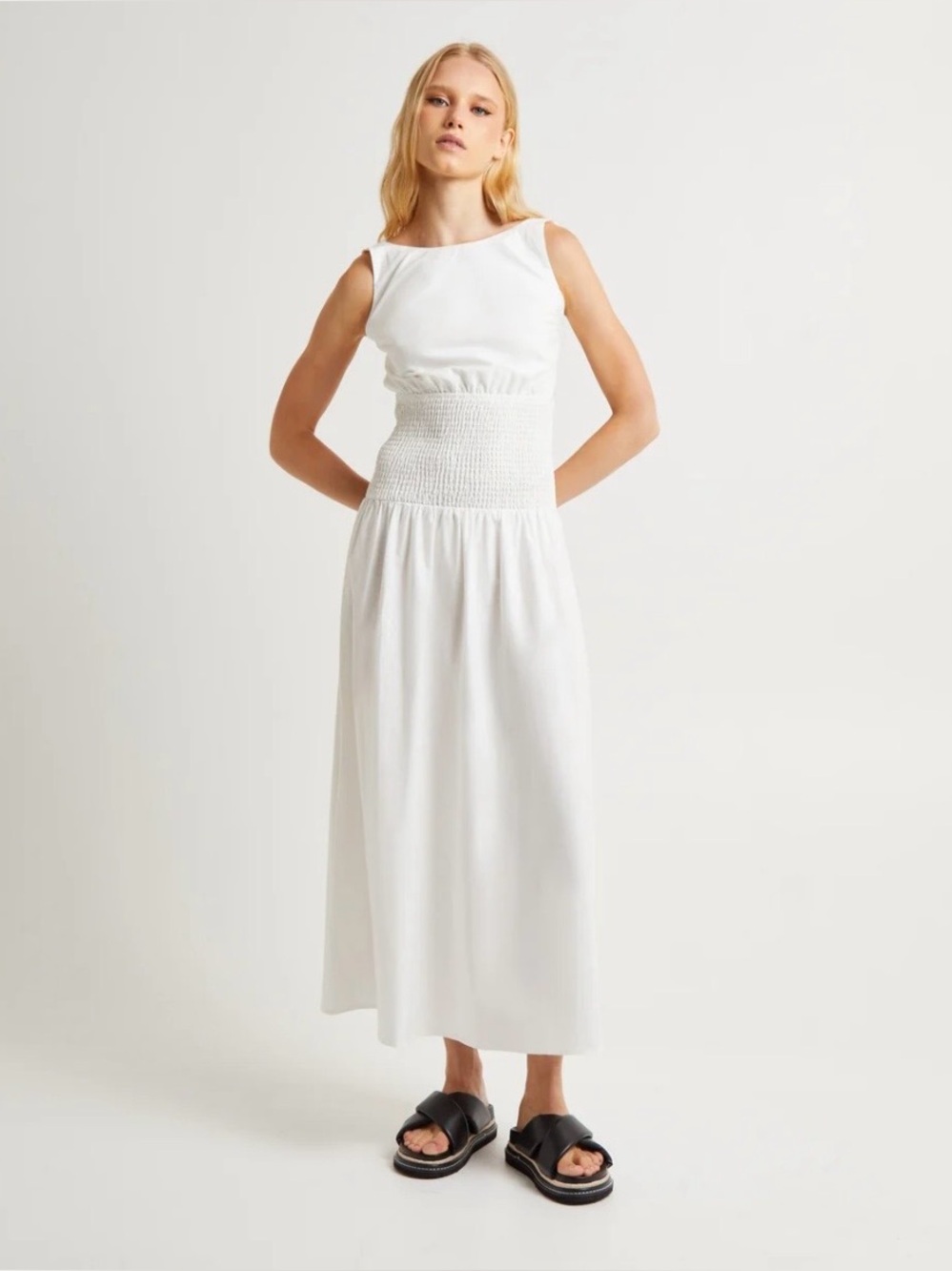 Faithfull The Brand White Linen Shirred Sleeveless Lined Midi Dress Size 2